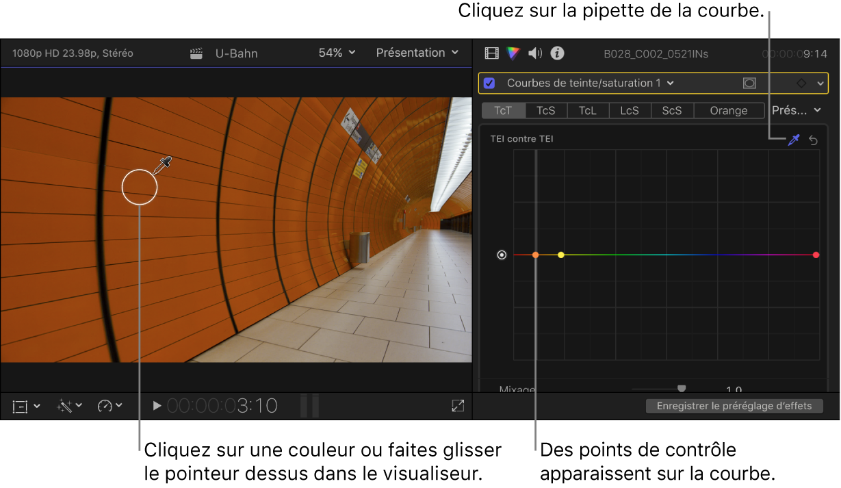 Visualiseur à gauche avec la pipette placée sur une couleur de l’image et inspecteur de couleur à droite affichant les commandes Teinte contre teinte