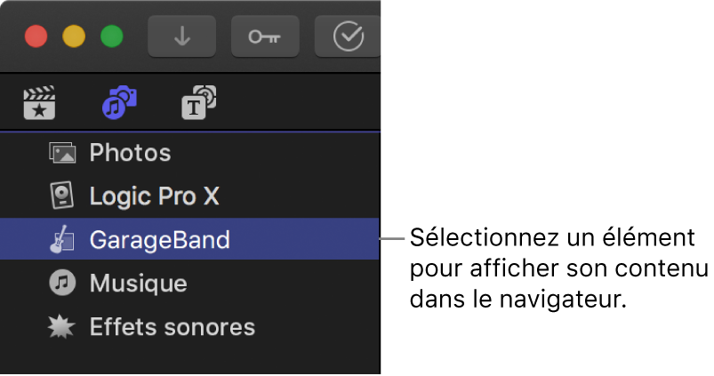 Barre latérale Photos et audio avec GarageBand sélectionné