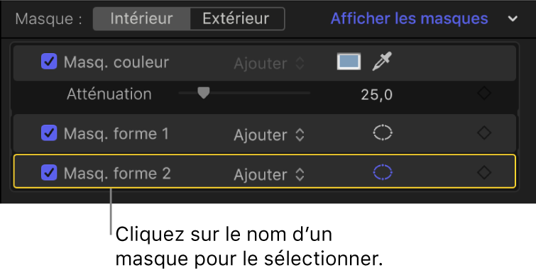 Section de masque de l’inspecteur de couleur avec l’élément Masque de forme sélectionné