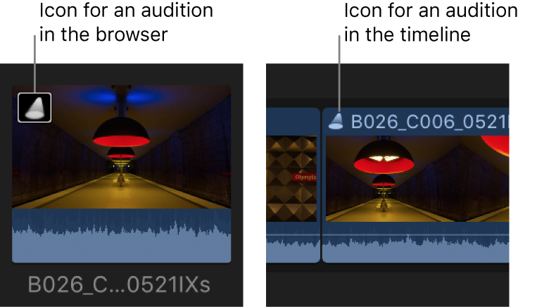 ブラウザとタイムラインのクリップに表示されたオーディションアイコン