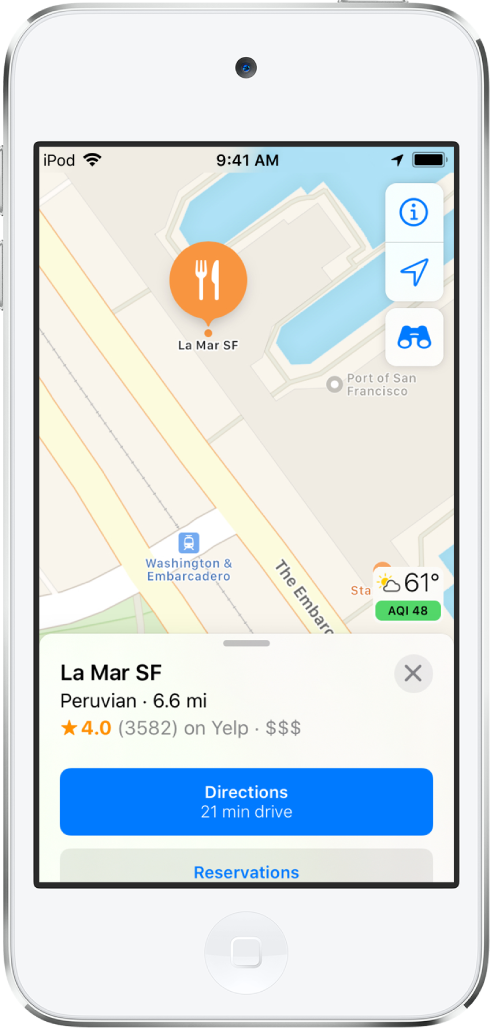 Ένας χάρτης όπου φαίνεται η τοποθεσία ενός εστιατορίου. Η κάρτα πληροφοριών στο κάτω μέρος της οθόνης περιλαμβάνει κουμπιά για την πραγματοποίηση κρατήσεων και λήψη οδηγιών.