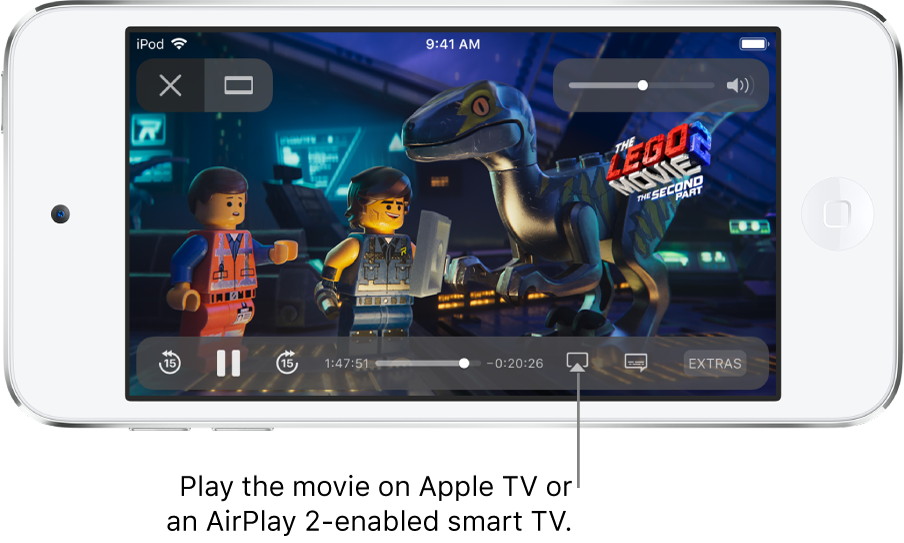 A movie playing on the iPod touch screen. At the bottom of the screen are the playback controls, including the Screen Mirroring button near the bottom right.