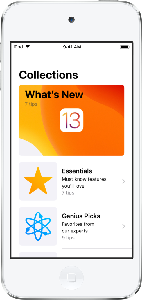 A screen showing collections of Tips with right arrows indicating that you can tap a collection to view the tips in it.