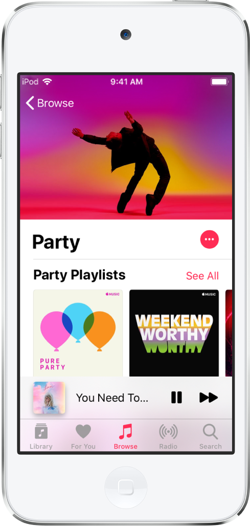 The Browse screen of Apple Music showing Party Playlists.