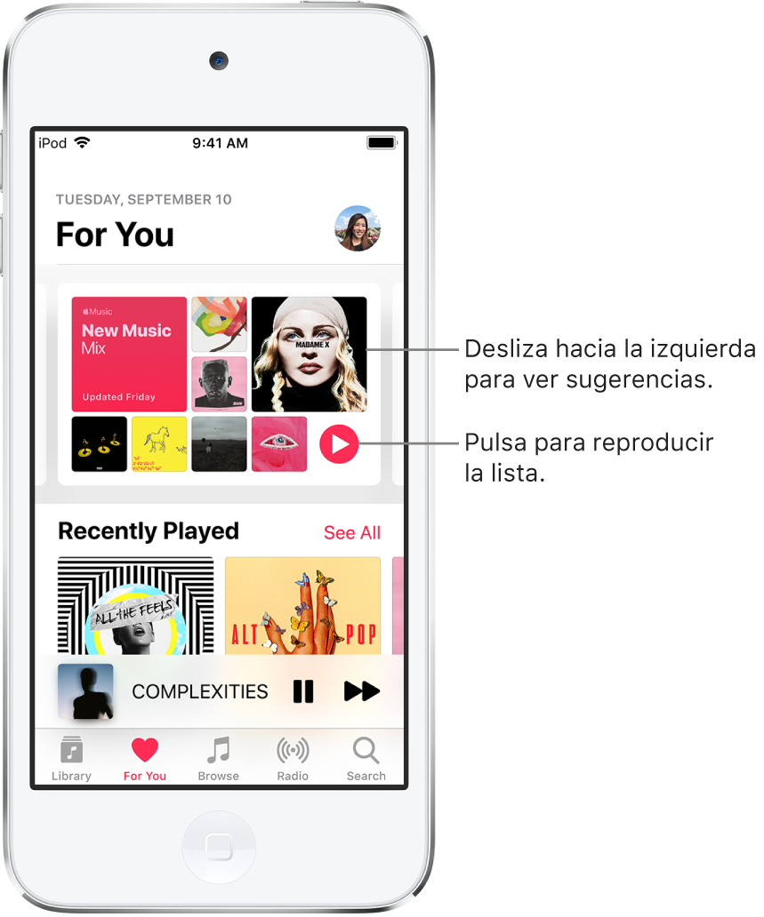 La pantalla “Para ti” con la lista “Nueva mezcla” en la parte superior. En la parte inferior derecha de la lista hay un botón de reproducción. Debajo está la sección “Reproducido recientemente”, con las portadas de dos álbumes.