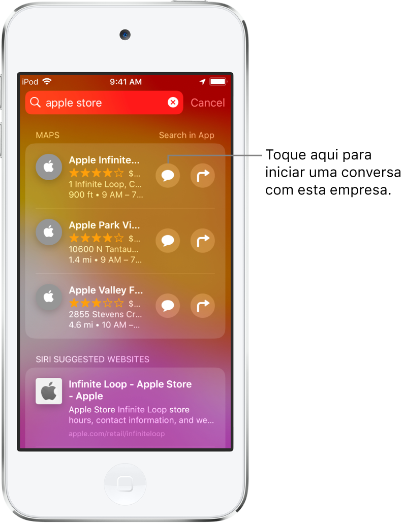 Tela Buscar mostrando itens encontrados para Apple Store no Mapas, App Store e Sites. Cada item mostra uma breve descrição, classificação ou endereço. O primeiro item mostra um botão que pode ser tocado para iniciar um bate-papo de negócios com a Apple Store.