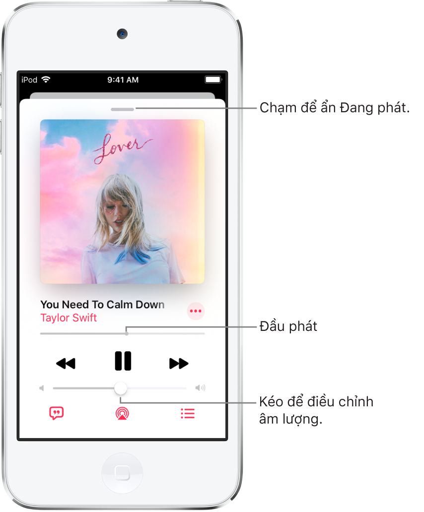 Màn hình Đang phát đang hiển thị bìa album. Bên dưới là tiêu đề bài hát, tên nghệ sĩ, nút Thêm, đầu phát, các điều khiển phát, thanh trượt Âm lượng, nút Lời bài hát, nút Đích phát lại và nút Sẽ phát tiếp theo. Nút Ẩn Đang phát ở trên cùng.