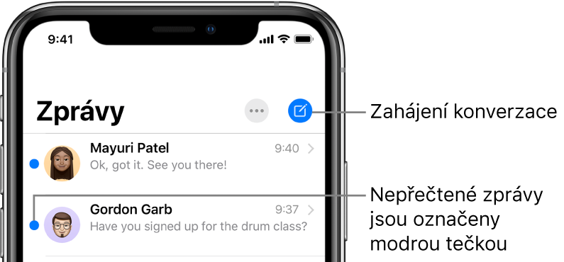 Seznam Zprávy s tlačítkem Upravit vlevo nahoře a tlačítkem Sestavit vpravo nahoře. Nepřečtené zprávy jsou označeny modrou tečkou vlevo od zprávy.