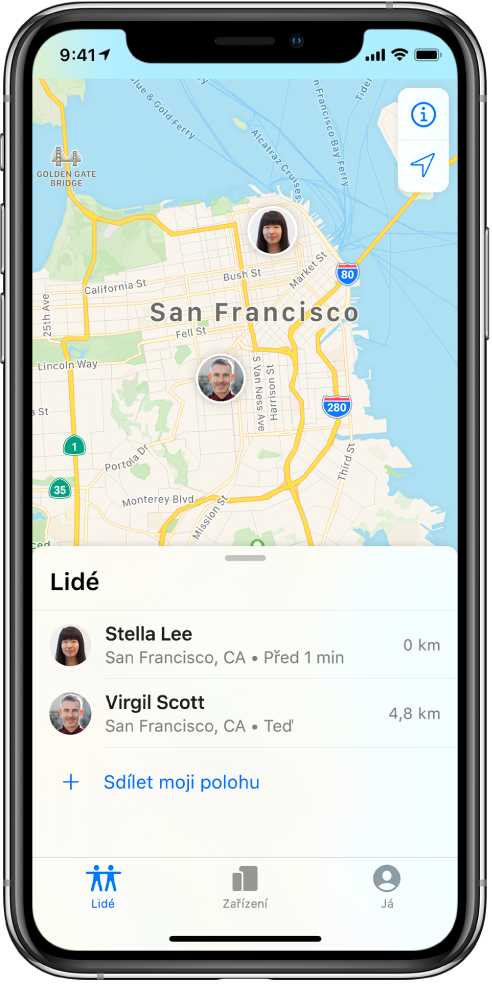 V seznamu Lidé jsou uvedeni dva přátelé: Stella Lee a Virgil Scott. Na mapě San Franciska je zobrazena poloha každého z nich.