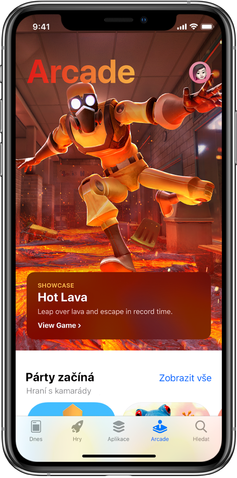 Obrazovka Arcade v App Storu s doporučenou hrou. Napravo nahoře je vidět váš profilový obrázek; klepnutím na něj zobrazíte nákupy a můžete také spravovat své předplatné. U dolního okraje se zleva doprava nacházejí tlačítka Dnes, Hry, Aplikace, Arcade a Hledat.