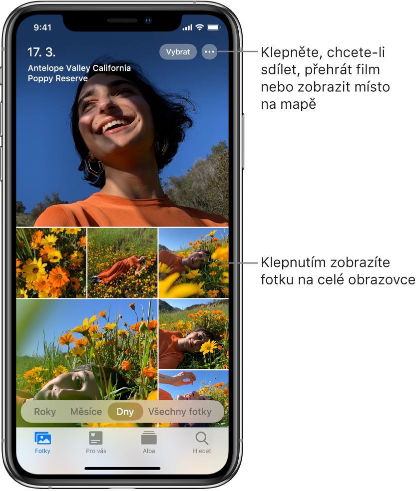 Knihovna fotek v zobrazení Dny. Obrazovka je zaplněna výběrem miniatur fotografií. Vlevo nahoře na obrazovce je vždy uvedeno datum a místo pořízení fotky. Vpravo nahoře jsou vidět tlačítka Vybrat a Další volby pro sdílení fotek a zobrazení podrobností. Pod miniaturami se nacházejí volby pro zobrazení knihovny fotek s uspořádáním Roky, Měsíce, Dny nebo Všechny fotky. Podél dolního okraje jsou vidět panely Fotografie, Pro vás, Alba a Hledat