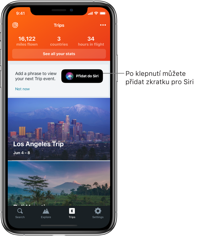 Obrazovka cestovní aplikace. Vedle textu „Add a phrase to view your next trip event“ je zobrazeno tlačítko Přidat do Siri.