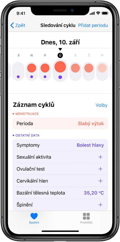 Obrazovka Sledování cyklu v aplikaci Zdraví.