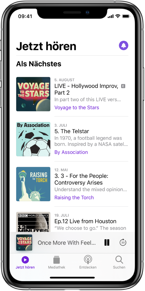 Der Tab „Jetzt hören“ mit kürzlich aktualisierten Folgen.