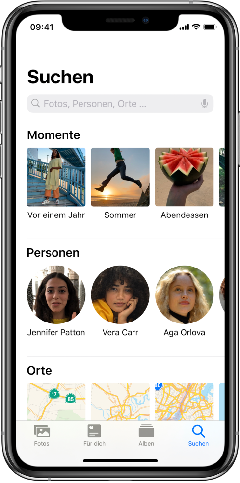 Ein mit Vorschlägen für „Momente“, „Personen“ und „Orte“ ausgefüllter Tab „Suchen“. Das Suchfeld befindet sich ganz oben.