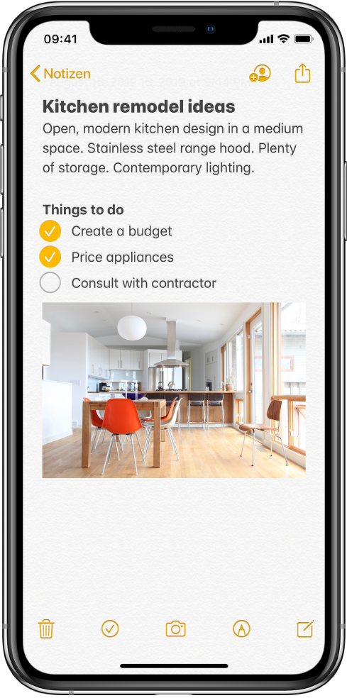 Eine Notiz mit Ideen für einen Küchenumbau und einer To-Do-Liste. Die Notiz umfasst Tasten für die Zusammenarbeit mit anderen Personen und für das Teilen. Mit den unten eingeblendeten Tasten können Notizen gelöscht, Checklisten und Fotos hinzugefügt, Tools für handschriftliche Notizen eingeblendet und neue Notizen erstellt werden.