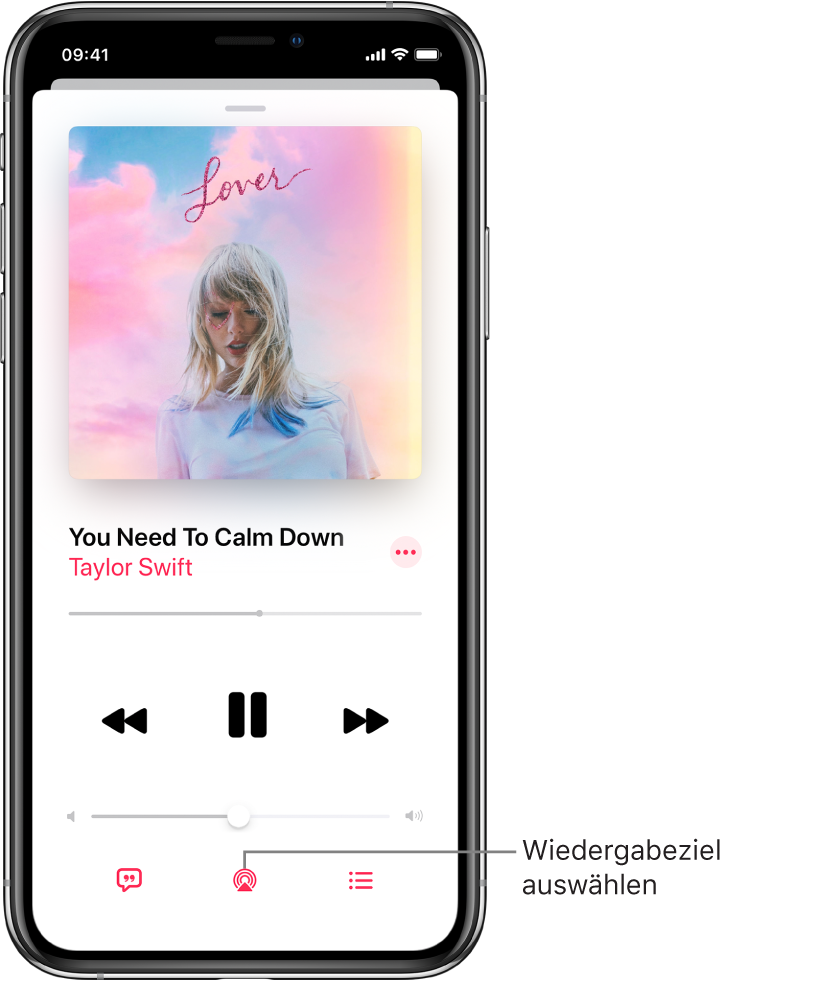 Die Steuerelemente für die Wiedergabe auf dem Bildschirm „Jetzt läuft“ für die App „Musik“, einschließlich der Taste „Wiedergabeziel“ unten auf dem Bildschirm.