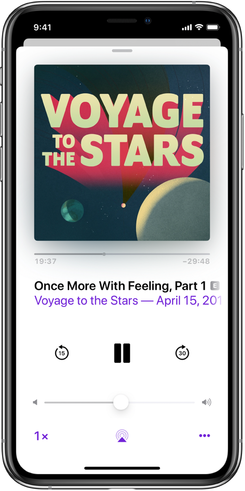 The playback controls on the Now Playing screen. Below the podcast artwork, drag the track position slider to rewind or move ahead. Below the episode title, there are buttons to rewind, play or pause, and fast forward. Below those is the volume control. In the bottom-left corner is the control for changing the playback speed. In the bottom-right corner is the More button.