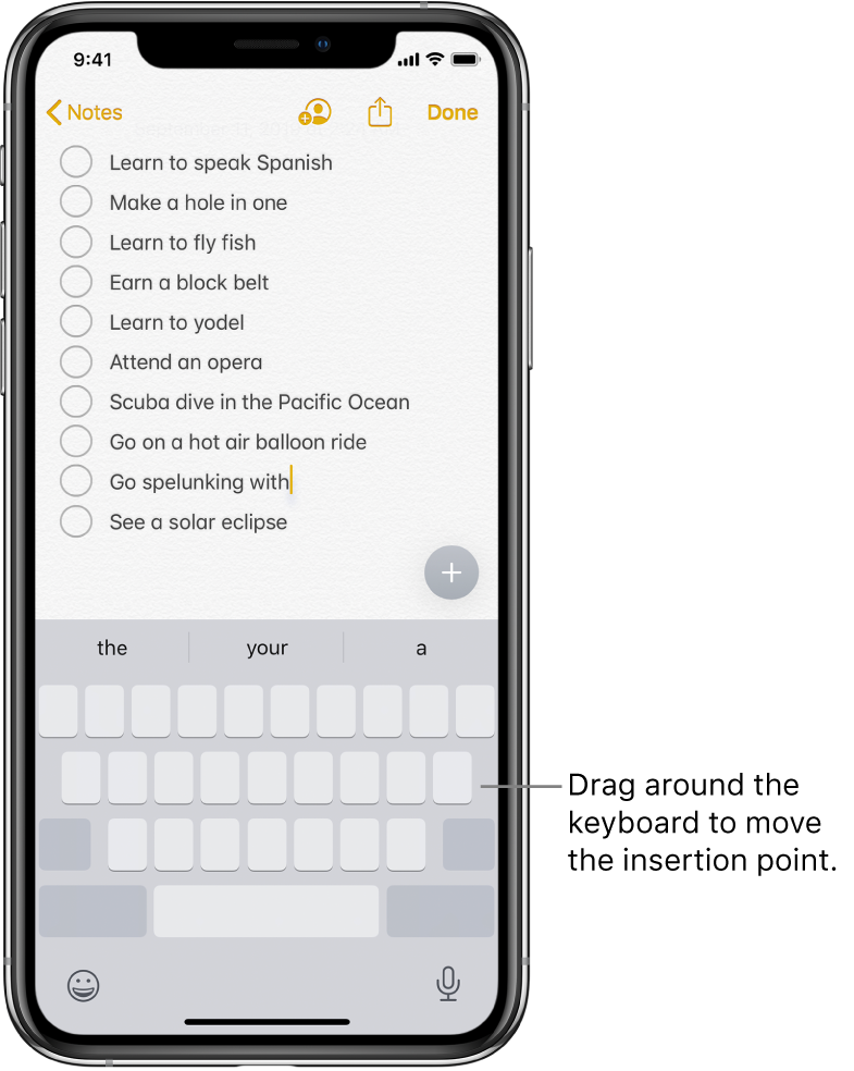 A note being edited after the keyboard has been turned into a trackpad. The keyboard is dimmed to show that it now works as a trackpad.