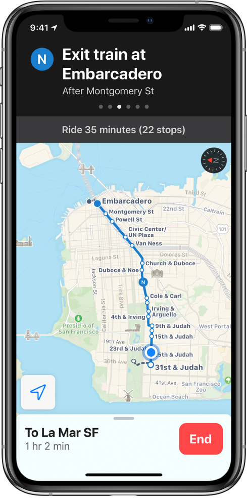 A map of a transit route across San Francisco. A route card at the top of the screen shows the instruction “Exit train at Embarcadero.”