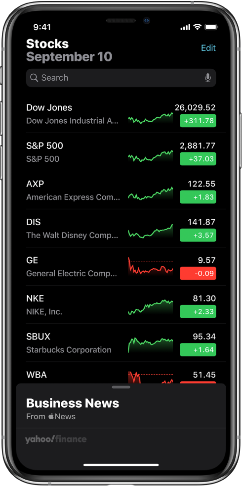 A watchlist showing a list of different stocks. Each stock in the list displays, from left to right, the stock symbol and name, a performance chart, the stock price, and price change. At the top of the screen, above the watchlist, is the search field. Below the watchlist is Business News. Swipe up on Business News to display stories.