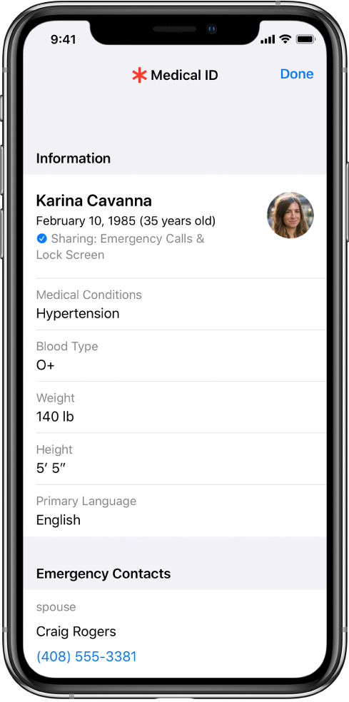 A Medical ID screen containing information including birth date, medical conditions, medications, and an emergency contact.