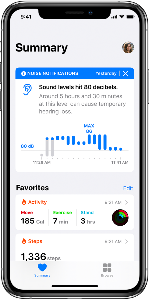 A Summary screen showing a noise notification at the top, with summaries for two favorites below: Activity and Steps.