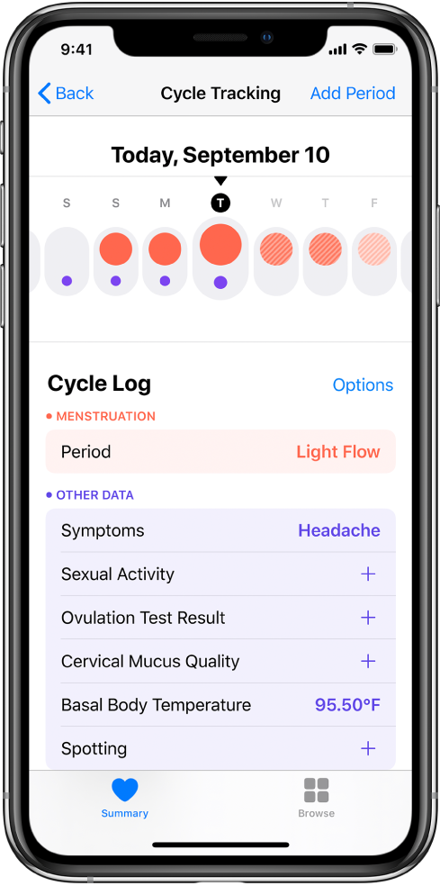 The Cycle Tracking screen showing the timeline for a week at the top of the screen. Solid red circles mark the first three days, and the last two days are light blue. Below the timeline are options to add information about periods, symptoms, and more.