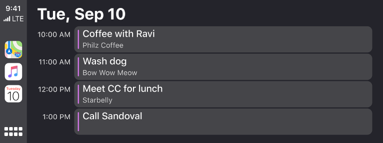 A calendar screen in CarPlay showing 4 events for Tuesday, September 10.