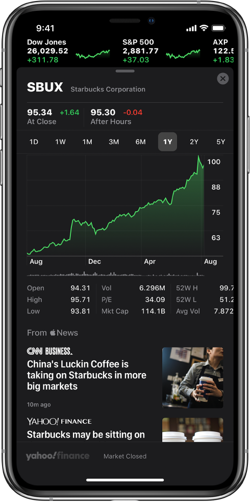 In the middle of the screen a chart shows the performance for a stock over the course of one year. Above the chart are buttons to display the stock performance by one day, one week, one month, three months, six months, one year, two years, or five years. Below the chart are stock details such as opening price, high, low, and market cap. Below the chart are Apple News articles related to stock.