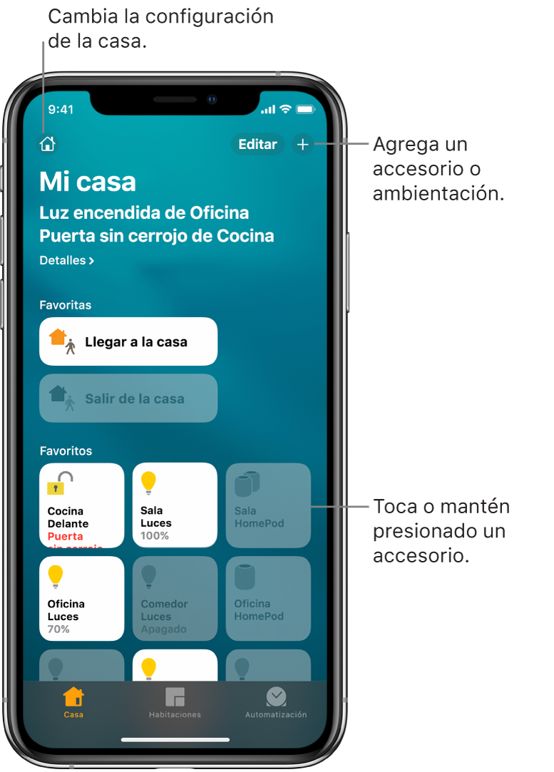 La pestaña Casa mostrando ambientaciones y accesorios que han sido marcados como favoritos. También se muestra un resumen del estado de la casa. Las otras pestañas de la parte inferior son Habitaciones y Automatización.