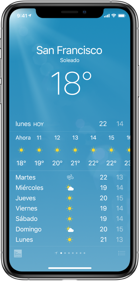 La pantalla de Clima mostrando la ciudad, las condiciones actuales y la temperatura actual. Debajo está el pronóstico meteorológico actual por horas, seguido del pronóstico para los próximos 5 días. Una fila de puntos en la parte central inferior muestra cuántas ciudades hay.