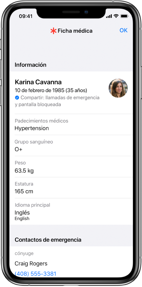 Una pantalla de ficha médica con información que incluye la fecha de nacimiento, enfermedades, medicamentos y un contacto de emergencia.