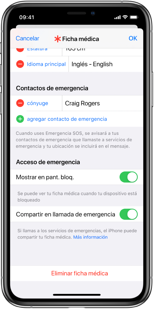 Pantalla de ficha médica. En la parte inferior se encuentran opciones para mostrar la información de la ficha médica cuando la pantalla del iPhone está bloqueada y cuando realizas una llamada a los servicios de emergencia.