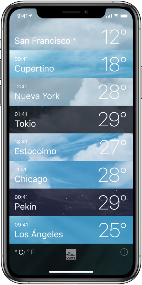 Una lista de ciudades mostrando la hora y la temperatura actual de cada una.