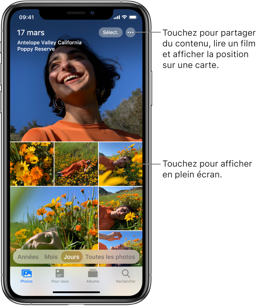 La présentation Jours de la photothèque est affichée. Une sélection de vignettes de photos remplit l’écran. En haut à gauche de l’écran se trouvent la date et l’emplacement des photos prises. En haut à droite se trouvent les boutons Sélectionner et « Plus d’options » pour partager les photos et afficher les détails. Sous les vignettes se trouvent des options de présentation de la photothèque : Années, Mois, Jours et « Toutes les photos ». En bas se trouvent les onglets Photos, « Pour vous », Albums et Rechercher.