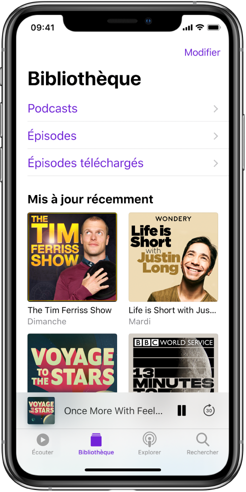 L’onglet Bibliothèque affichant les podcasts récemment mis à jour.