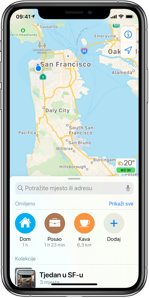 Karta zaljeva San Francisca s dvije omiljene stavke prikazane ispod polja za pretraživanje. Omiljene stavke su Dom i Posao.