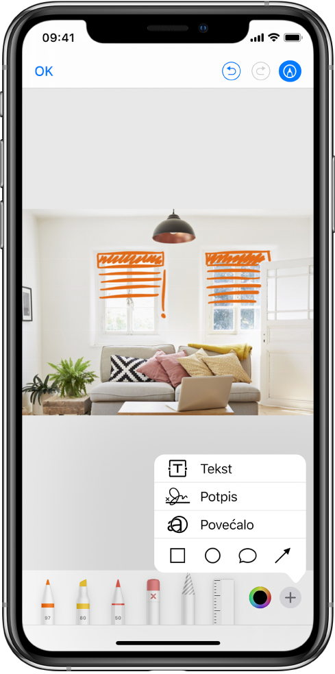 Fotografija je označena narančastim linijama koje predstavljaju zastore na prozorima. Alati za crtanje i izbornik boja pojavljuju se na dnu zaslona. Izbornik s opcijama za dodavanje teksta, potpisa, povećala i oblika prikazan je u donjem desnom kutu.
