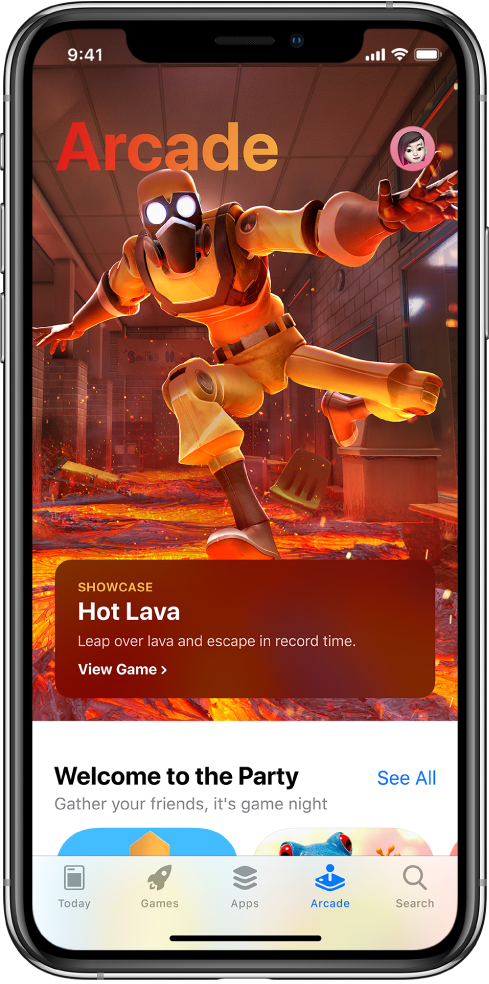 „App Store“ ekranas „Arcade“, kuriame rodomas siūlomas žaidimas. Jūsų profilio paveikslėlis, kurį palietę galite peržiūrėti pirkinius ir tvarkyti prenumeratas, pateiktas viršuje kairėje. Apačioje iš kairės į dešinę yra skirtukai „Today“, „Games“, „Apps“, „Arcade“ ir „Search“.