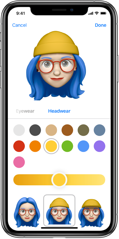 „Memoji“ kūrimo ekranas, kurio viršuje rodomas kuriamas veikėjas, po juo rodomos veikėjo tinkinimo funkcijos, o ekrano apačioje – pasirinktos funkcijos parinktys. Mygtukas „Done“ pateikiamas viršuje dešinėje, o mygtukas „Cancel“ – viršuje kairėje.
