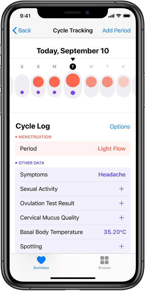 „Cycle Tracking“ ekranas programoje „Health“.