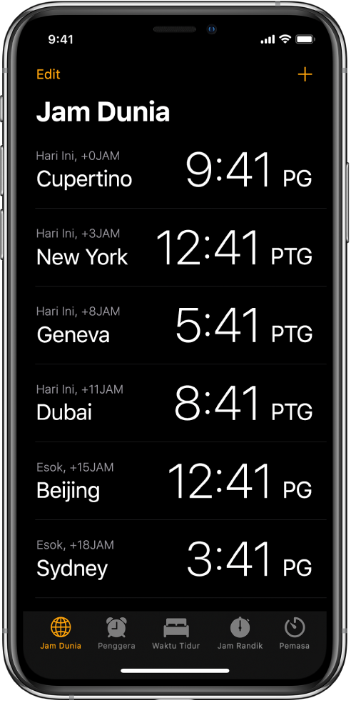 Tab Jam Dunia, menunjukkan waktu di pelbagai bandar. Ketik Edit di bahagian kiri atas untuk menyusun jam. Ketik butang Tambah di bahagian kanan atas untuk menambah lebih lagi. Butang Penggera, Waktu Tidur, Jam Randik dan Pemasa ada di sepanjang bahagian bawah.