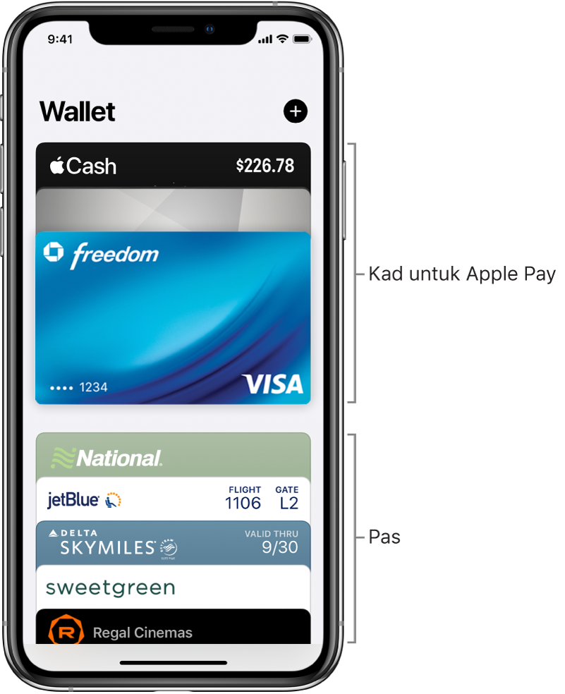 Skrin Wallet, menunjukkan beberapa kad kredit dan debit serta pas.