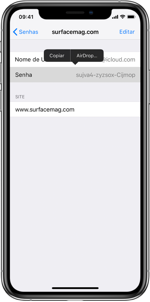A tela da conta de um site. A seção da senha está selecionada e um menu contendo os itens Copiar e AirDrop aparece acima dela.