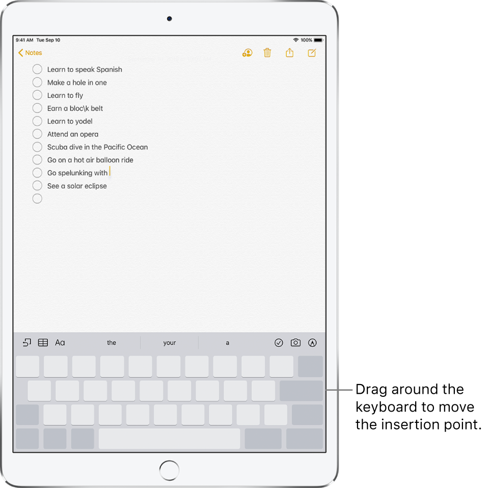 A note being edited after the keyboard has been turned into a trackpad. The keyboard is dimmed to show that it now works as a trackpad.