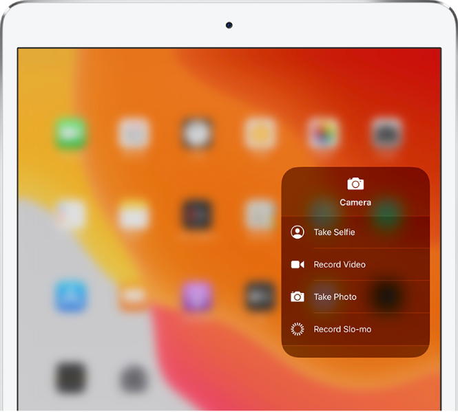 A screen showing the additional Camera options available in Control Center when you touch and hold the Camera control. The options are Take Selfie, Record Video, Take Photo, and Record Slo-mo.
