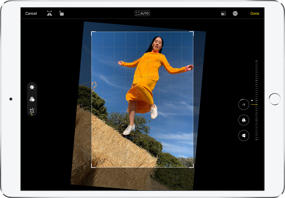 iPad in landscape orientation. In the center of the screen is a photo in Edit mode with an overlay grid and a crop frame. On the left side of the screen, the Crop button is selected. On the right side of the screen are the geometry enhancement options. Straighten is selected and the intensity slider is adjusted to -5.