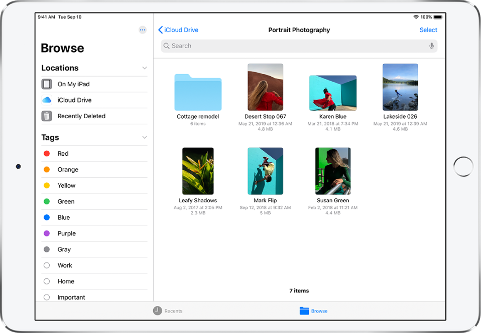 The Files app with the Browse sidebar on the left and folders for the iCloud Drive location on the right.