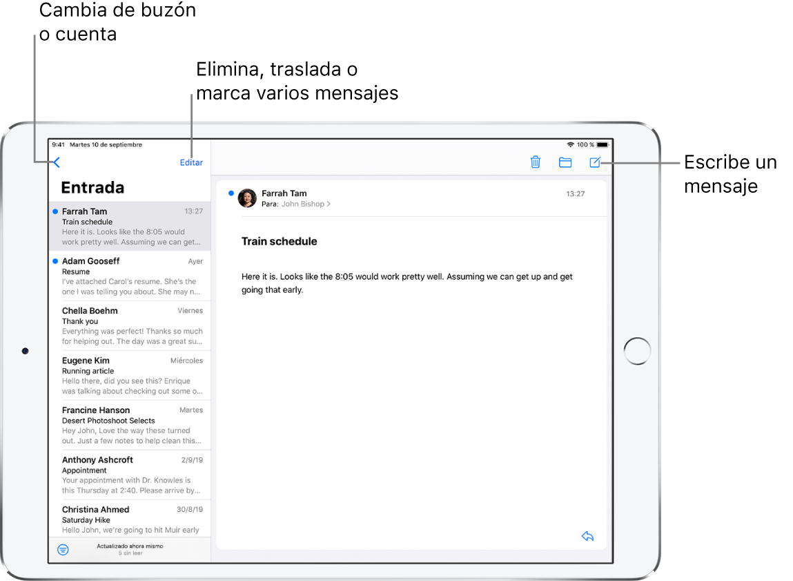 Buzón Entrada de Mail, con una lista de correos electrónicos a la izquierda y un hilo de correo electrónico abierto a la derecha. El botón Buzones para cambiar de buzón se encuentra en la esquina superior izquierda. El botón para filtrar los correos electrónicos de forma que solo se muestren determinados mensajes se encuentra en la esquina inferior izquierda. El botón para redactar un mensaje de correo electrónico nuevo se encuentra en la esquina superior derecha.